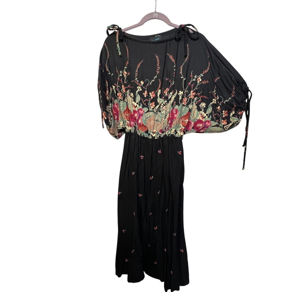 Vintage Ragtime Floral Midi Dress 80s ILGWU Made in USA Dolman Sleeve Black 2923